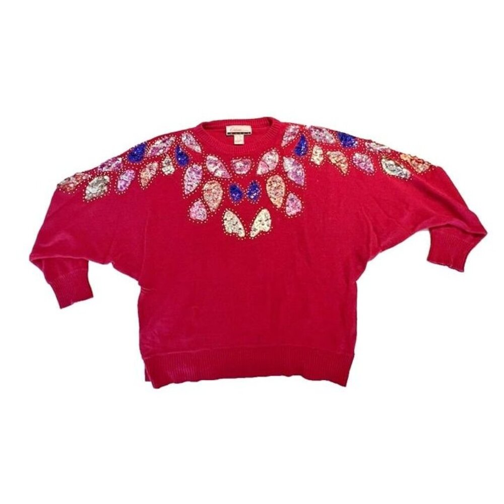 Vtg XL 80s Diana‎ Marco Fuchsia Pink Embellished Sequined Retro Cocktail Sweater
